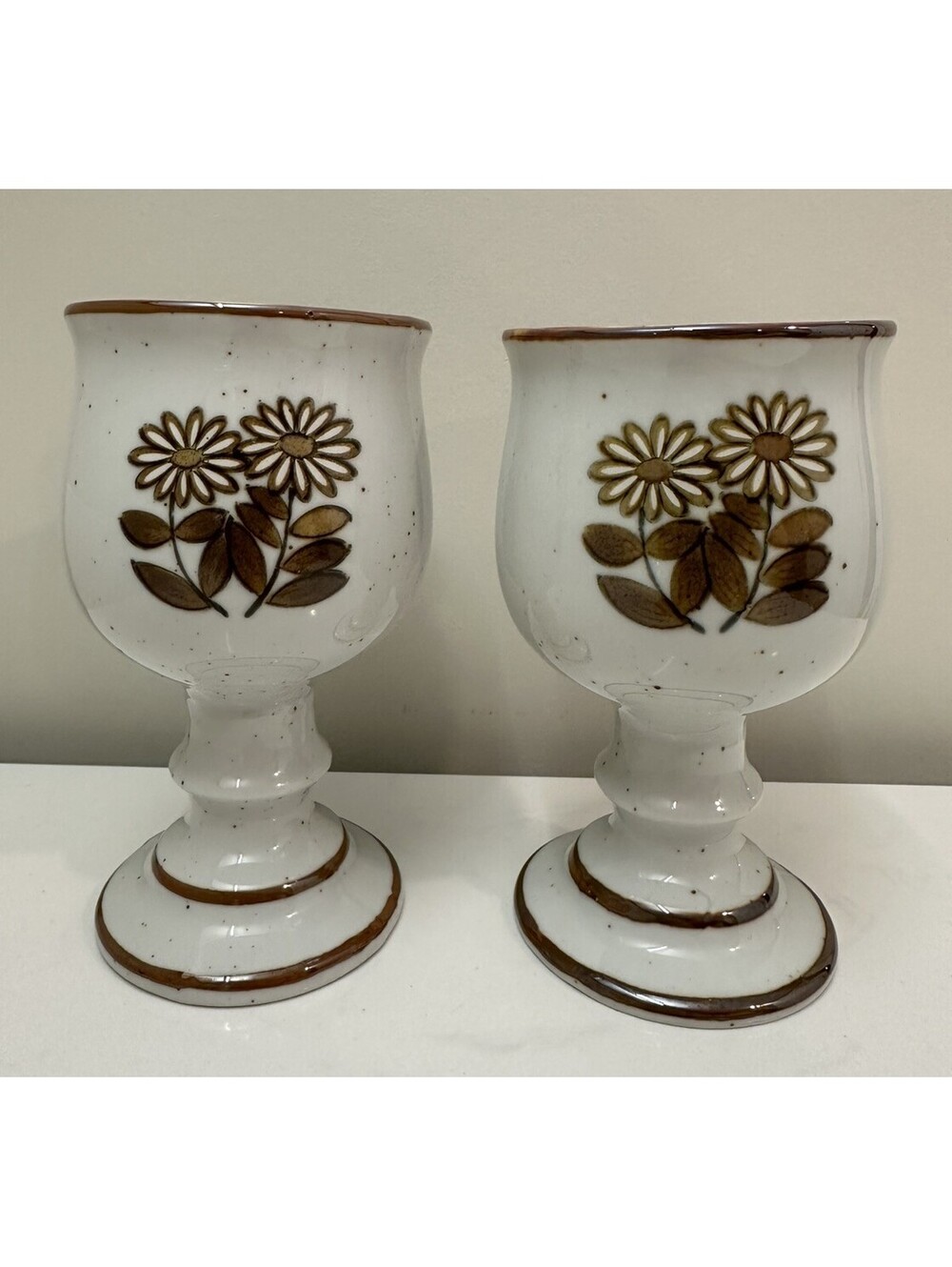 Vintage Pair of Otagiri Japan Stoneware Floral Daisy Speckled Grey Brown Goblets
